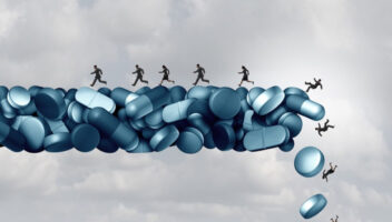 blue bridge of pills with running on it and falling off