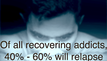 guy in the background starting a needle with wording saying 'of all recovering addicts, 40%-60% will relapse'