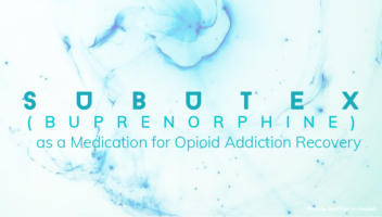 blue and white background with wording saying 'buprenorphine as a medication for opioid addiction recovery'