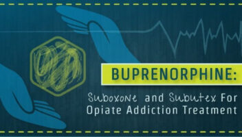 hands surrounding yellow hexagon with wording saying buprenorphine suboxone and subutex for opiate addiction treatment